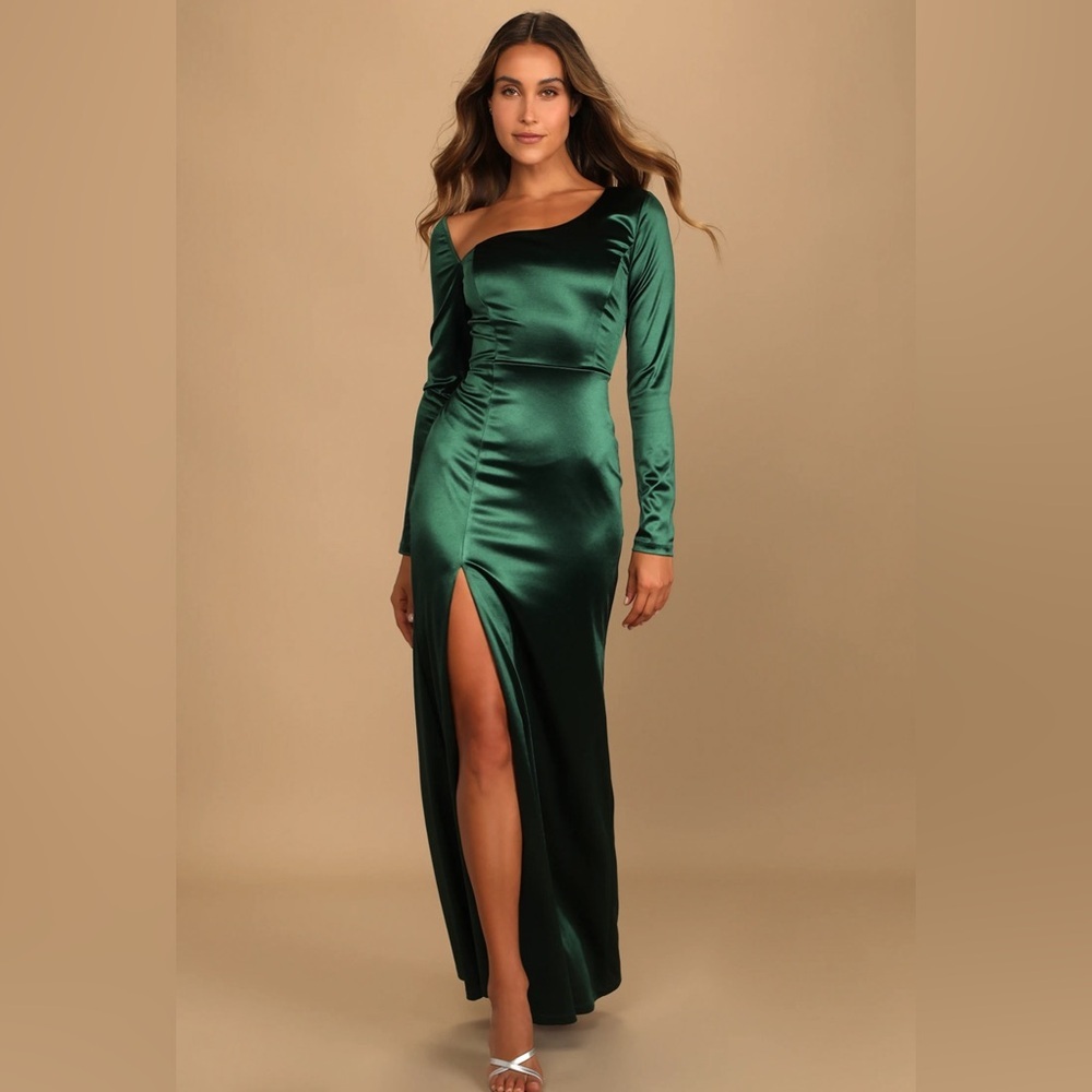Lulu's Emerald Green Satin Long Sleeve Maxi Dress with Thigh Slit